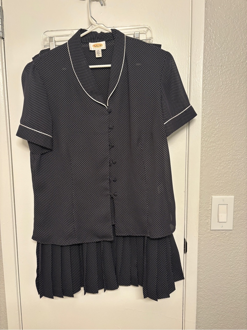 Talbots Navy Dot Short-Sleeve Button Shirt with White Piping